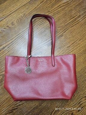 DKNY Cherry Red Leather Tote with Silver Charm